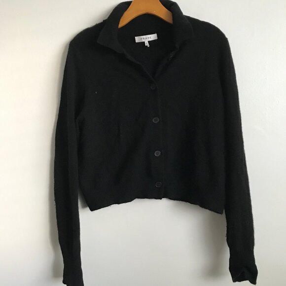 FRAME Cashmere Cardigan Sweater Black Crop Long Sleeve Womens XL - Picture 1 of 7